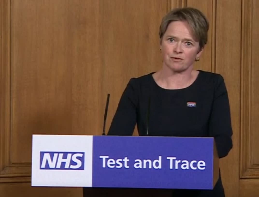 Baroness Dido Harding during a media briefing in Downing Street, London, on coronavirus (COVID-19). (Photo by PA Video/PA Images via Getty Images)