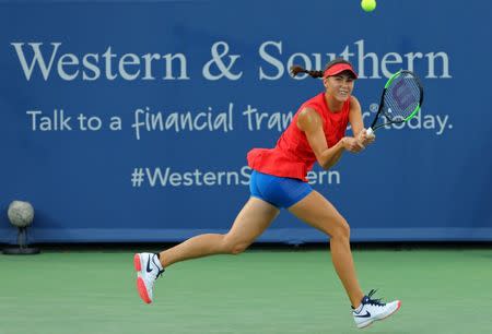 Aug 16, 2017; Mason, OH, USA; Natalia Vikhlyantseva (RUS) returns a shot against Karolína Pliskova (CZE) during the Western and Southern Open at the Lindner Family Tennis Center. Mandatory Credit: Aaron Doster-USA TODAY Sports