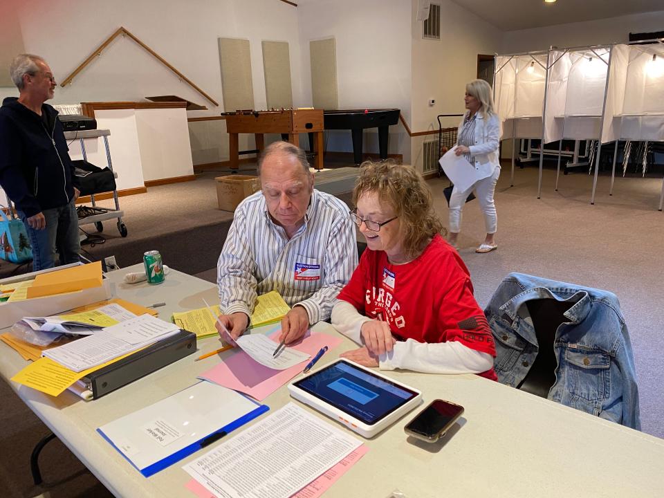 Edward Hrzic, judge of elections for Antrim Township 5 at Grace Bible Church, worked with judge-in-training Debi Pirtle at the April 23 primary election.