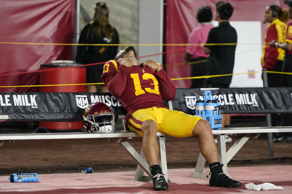 Southern California quarterback Caleb Williams reacts after the team's loss to Utah in an NCAA college football game, Saturday, Oct. 21, 2023, in Los Angeles. (AP Photo/Ryan Sun)