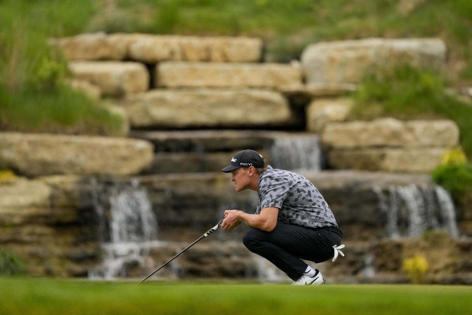 Vincent Norrman lines up a putt on the 13th hole during a practice round for the PGA Championship golf tournament at the Valhalla Golf Club, Tuesday, May 14, 2024, in Louisville, Ky. (AP Photo/Matt York)