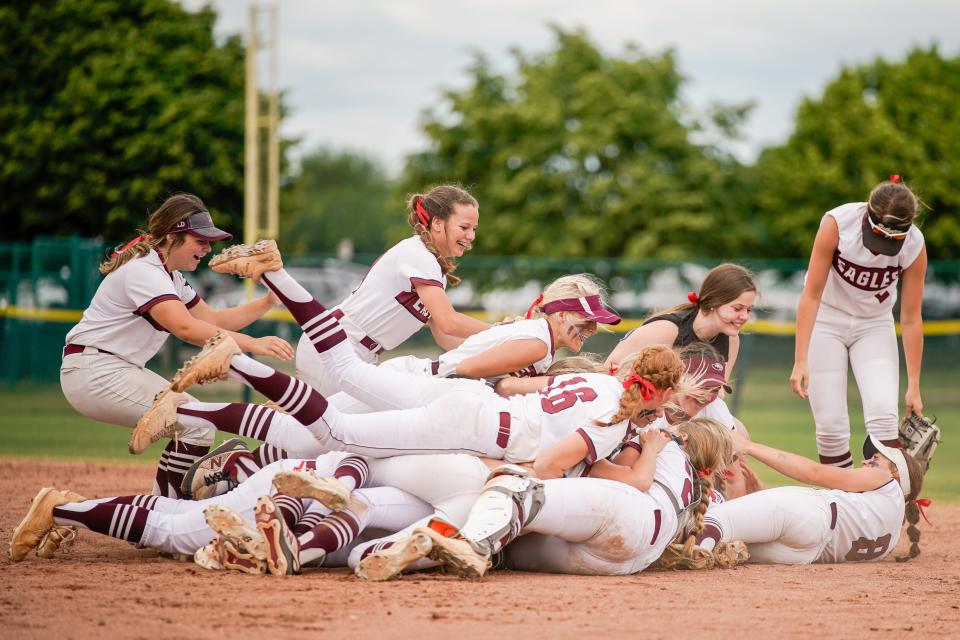 Eagleville players celebrate after defeating Huntland in the Class 1A championship game at Starplex in Murfreesboro, Tenn., Saturday, May 28, 2022.