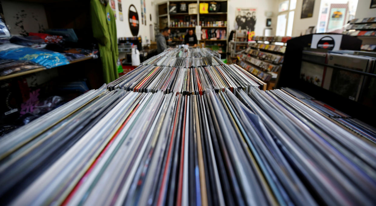 Vinyl albums are seen in a record store on the eve of Record Store Day.