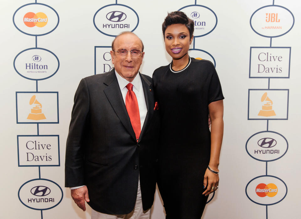 Clive Davis, chief creative officer of Sony Music, and singer-actress Jennifer Hudson pose at The Beverly Hilton during press day on Thursday, January 23, 2014, in Beverly Hills, Calif. Hudson will be performing at Davis' annual pre-Grammy gala on Saturday, Jan. 25, 2014, in Los Angeles. (Photo by Casey Curry/Invision/AP)