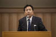 Yukio Edano, the leader of the Constitutional Democratic Party of Japan, speaks during a news conference following the leadership election for the new opposition party, in Tokyo Thursday, Sept. 10, 2020. A 149-member group on Thursday chose Edano, a lawyer-turned politician, as new leader and decided to adopt the Constitutional Democratic Party of Japan, the name of the party he previously headed, as two main opposition parties merged. (AP Photo/Hiro Komae)