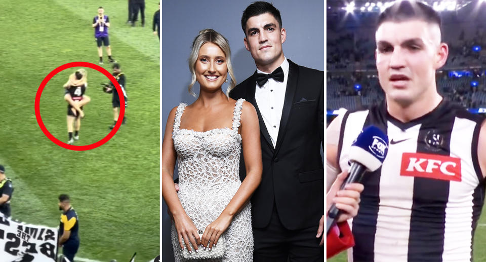 Brayden Maynard and girlfriend Ashlee after Collingwood's win over North Melbourne.