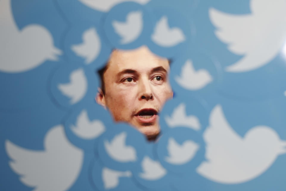 An image of new Twitter owner Elon Musk is seen surrounded by Twitter logos in this photo illustration in Warsaw, Poland on 08 November, 2022. (Photo by STR/NurPhoto)