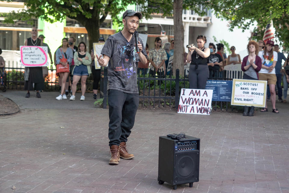 People gather in Pritchard Park to react to Supreme Court Justice's Alito leaked opinion draft regarding the possible turnover of Roe V. Wade on May 3, 2022.