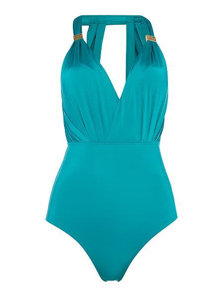 <p>With it’s vibrant Jade colour and plunging neckline you are bound to make a splash in this swimsuit. <i><a href="http://www.houseoffraser.co.uk/Biba+Savannah+Swimsuit/231161598,default,pd.html" rel="nofollow noopener" target="_blank" data-ylk="slk:[House Of Fraser, £38.50];elm:context_link;itc:0;sec:content-canvas" class="link ">[House Of Fraser, £38.50]</a></i></p>