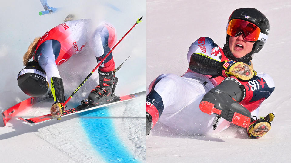 Pictured here, American Nina O'Brien suffers a scary crash in the women's giant slalom at the Winter Olympics.