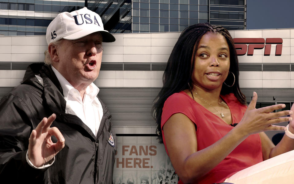 Donald Trump, Jemele Hill. (Yahoo News photo-illustration; photos: Alex Wong/Getty Image, Steve Luciano/AP Images for Hashtag, Mike Blake/Reuters)