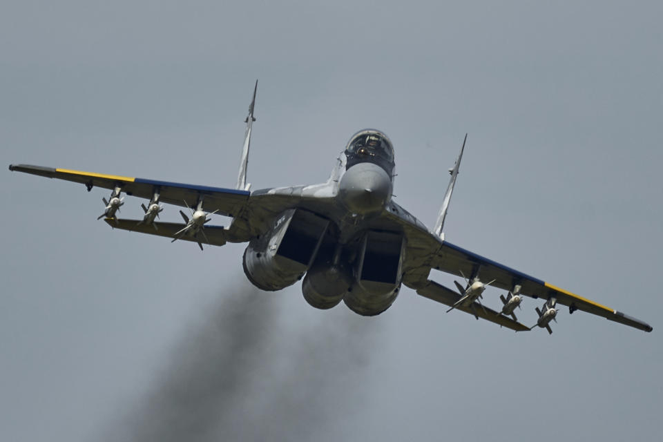 A Mig-29 fighter of the Ukrainian air force is seen on a mission in Ukraine's war-hit east Wednesday, Aug. 2, 2023. (AP Photo/Libkos)