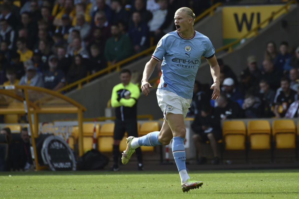 Manchester City's Erling Haaland reacts during the English Premier League soccer match between Wolverhampton Wanderers and Manchester City at Molineux stadium in Wolverhampton, England, Saturday, Sept. 17, 2022. (AP Photo/Rui Vieira)