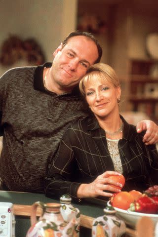 <p>Anthony Neste/Getty</p> James Gandolfini and Edie Falco on 'The Sopranos'