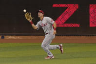 Philadelphia Phillies center fielder Adam Haseley catches a ball hit by Miami Marlins' Jazz Chisholm during the sixth inning of the first game of a baseball doubleheader, Sunday, Sept. 13, 2020, in Miami. (AP Photo/Wilfredo Lee)