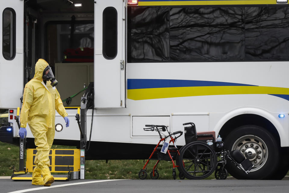 A Medical official is seen while aiding residents from St. Joseph's nursing home to evacuate, after a number of residents tested positive for coronavirus disease (COVID-19) in Woodbridge, New Jersey