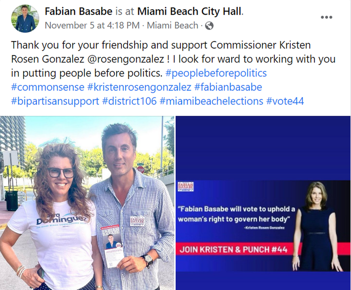 A social media post by Republican state representative candidate Fabian Basabe touted the support of Miami Beach Commissioner Kristen Rosen Gonzalez.