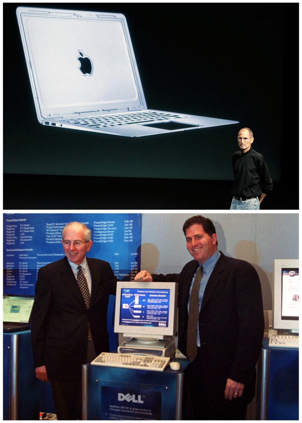 FILE -In this combination of Associated Press file photos, Apple CEO Steve Jobs, top, talks about the new Apple Macbook Air laptop at Apple headquarters in Cupertino, Calif, on Oct. 20, 2010, and bottom Michael Dell, right, CEO of Dell, stands next to one his desktop computers in New Delhi, India, on Sept. 28, 2000. Desktop computers with big CRT monitors are being replaced with laptops, tablet computers, and smart phones. It costs $1.36 to power an iPad for a year, compared with $28.21 for a desktop computer, according to the Electric Power Research Institute. (AP Photo/File)