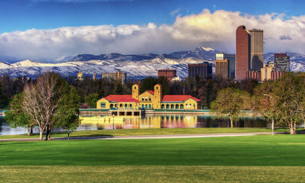 City Park Pavilion In Front Of The Rockies And Denver Skyline