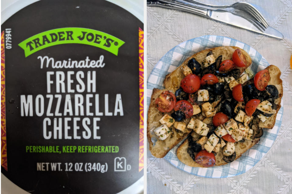 A Trader Joe's mozzarella cheese package next to a plate of cheese with tomatoes and basil