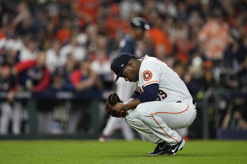 Houston Astros' Framber Valdez reacts after loading the bases during the second inning of Game 1 in baseball's World Series between the Houston Astros and the Atlanta Braves Tuesday, Oct. 26, 2021, in Houston. (AP Photo/David J. Phillip)