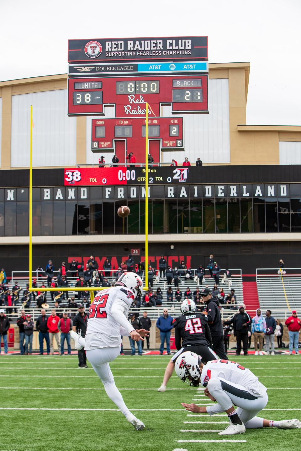 Gabriel Lozano (62) kicks a field goal during Texas Tech's spring game in April. The Double T scoreboard visible in the background likely will be removed and replaced with a new Double T scoreboard, Tech officials said Thursday, when the stadium's south end zone is renovated.