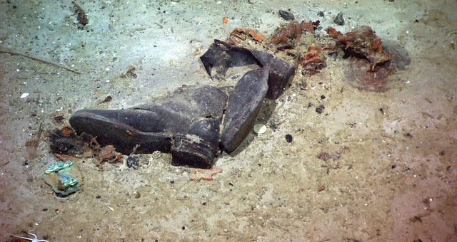 <p>NOAA-IFE/URI/shutterstock</p> The shoes of a Titanic victim photographed in a debris field