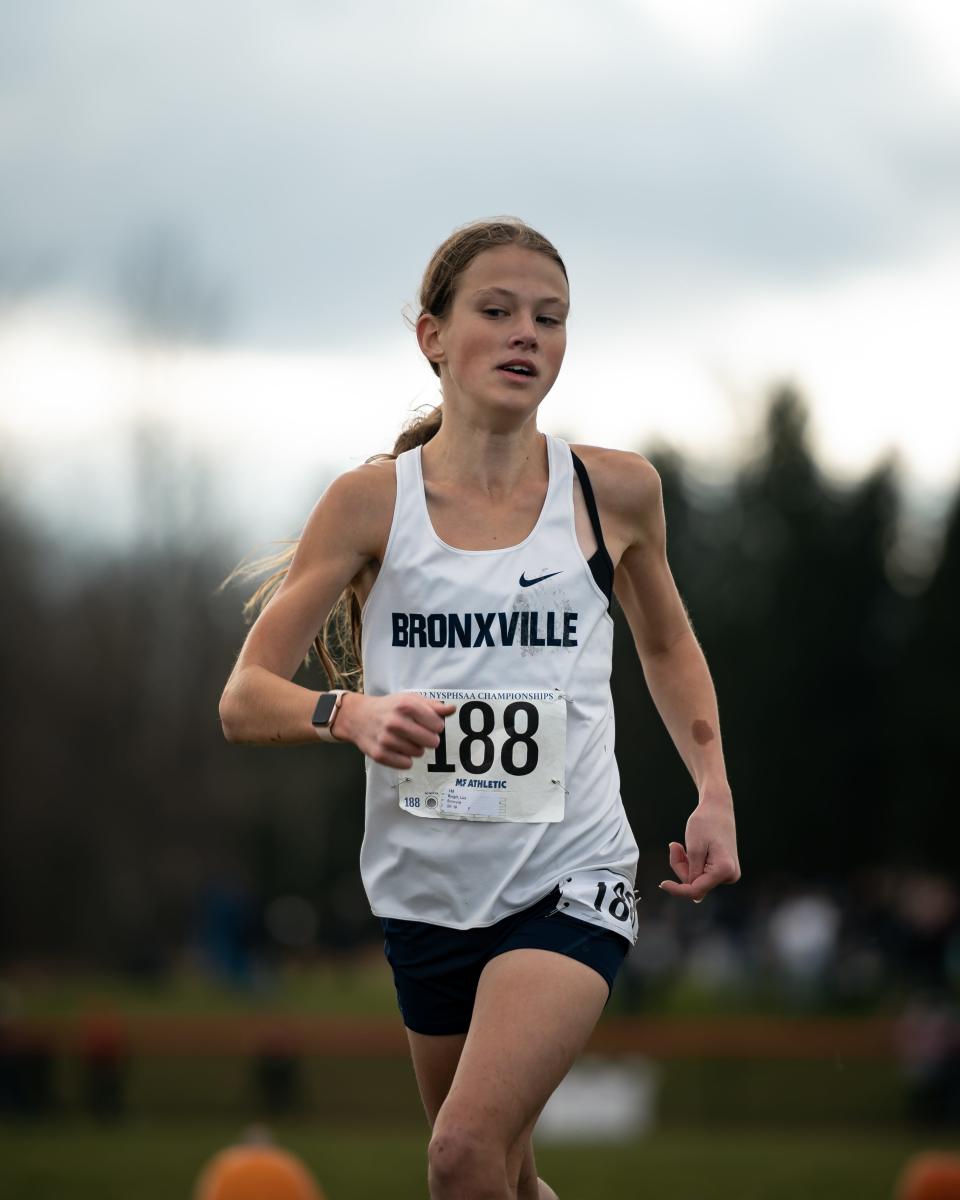 Bronxville's Lux Burgin competes in the NYSPHSAA Cross Country Championships at Vernon-Verona-Sherrill High School in Verona on Saturday, November 12, 2022.