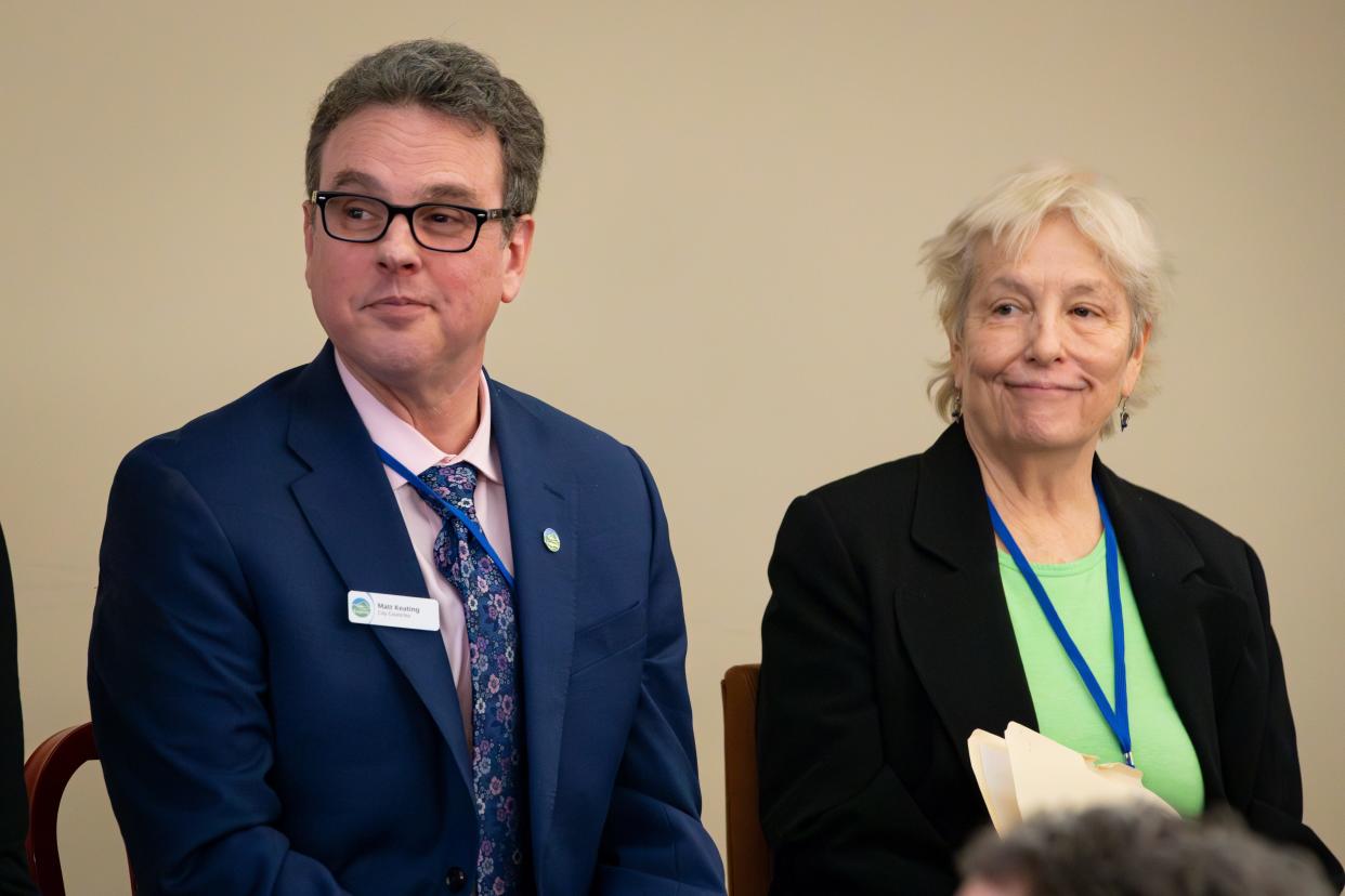 Incumbent Ward 2 City Councilor Matt Keating, left, and challenger Lisa Warnes take part in a debate between candidates for Eugene City Council Ward 1 and Ward 2 March 29 at a meeting of the City Club of Eugene.