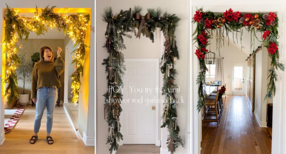 Three examples of the viral Christmas garland hack. 