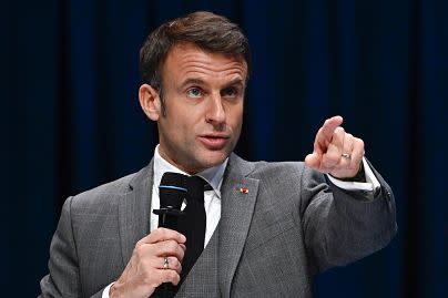 French President Emmanuel Macron delivers his speech during the 18th edition of French conference on the maritime economy in Nantes western France, Tuesday, Nov. 28, 2023