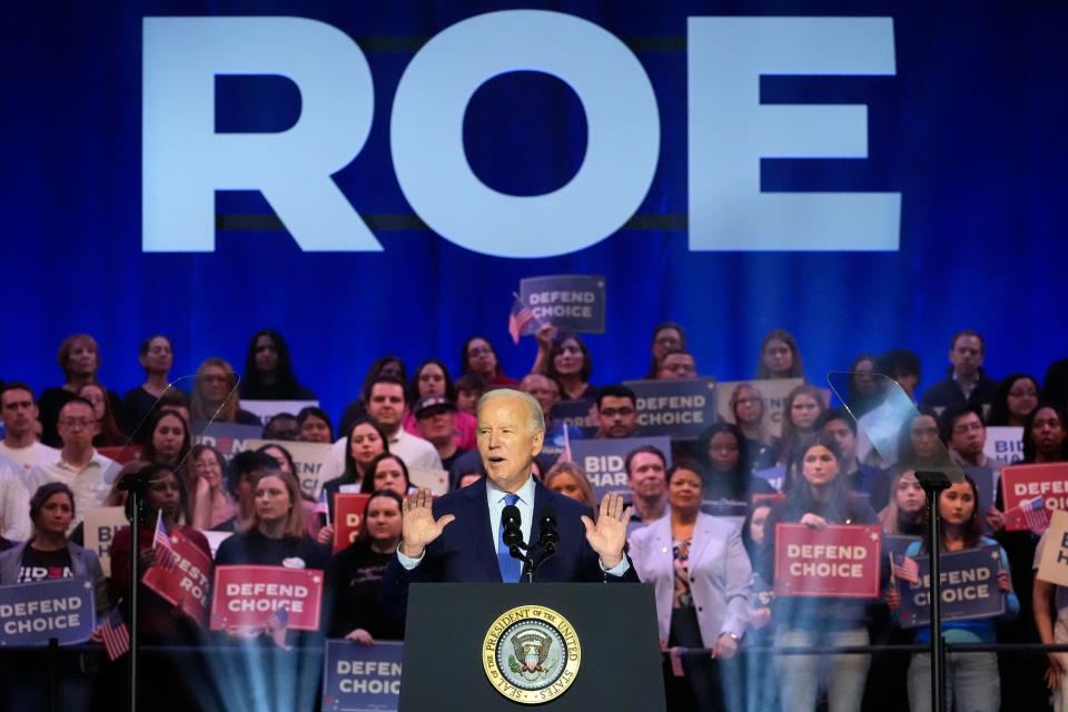 President Joe Biden speaks about the 51st anniversary of Roe v. Wade on Jan. 23, 2024, in Manassas, Va., to campaign for abortion rights.