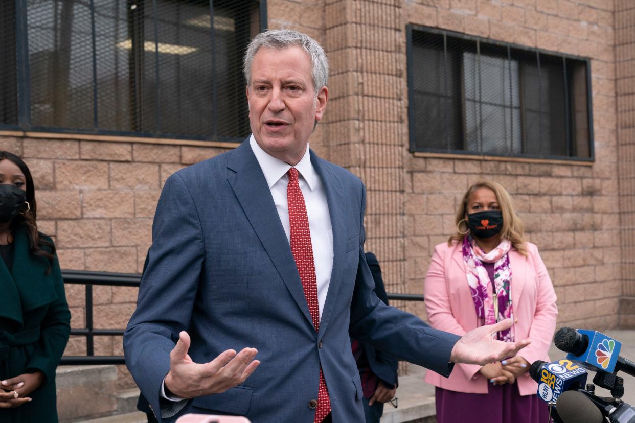 Bill de Blasio gives a news conference on March 24, 2021, in Brooklyn.