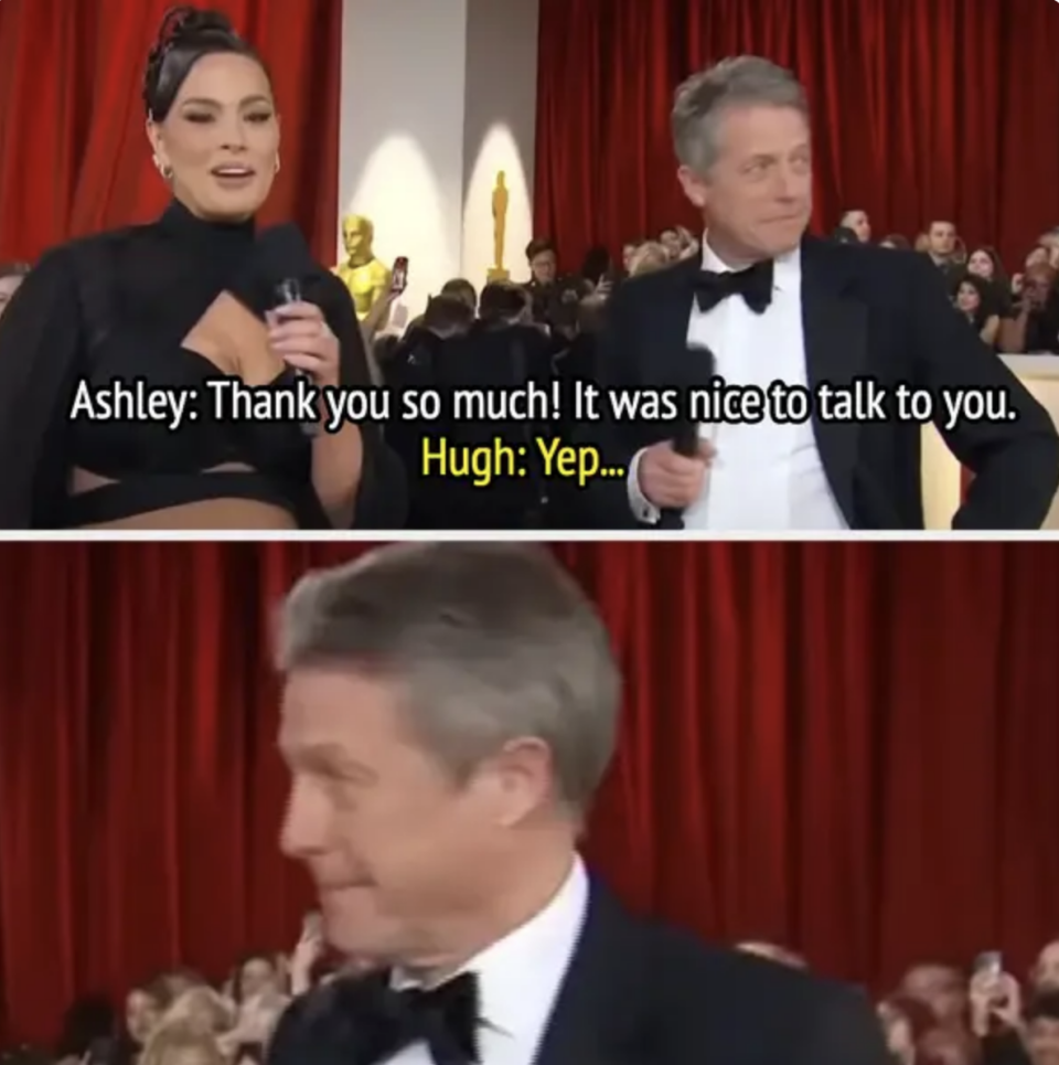 Ashley Graham interviewing Hugh Grant