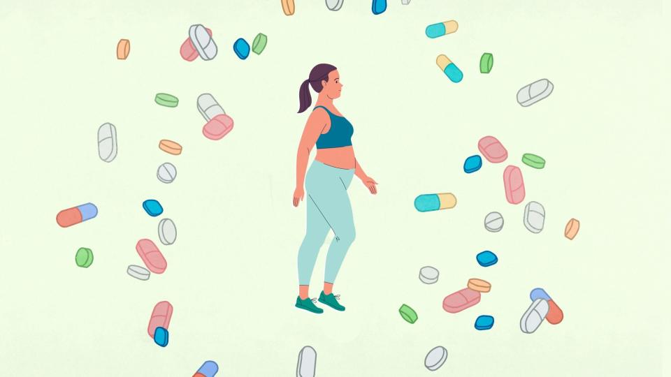 illustration of a woman walking surrounded by pills