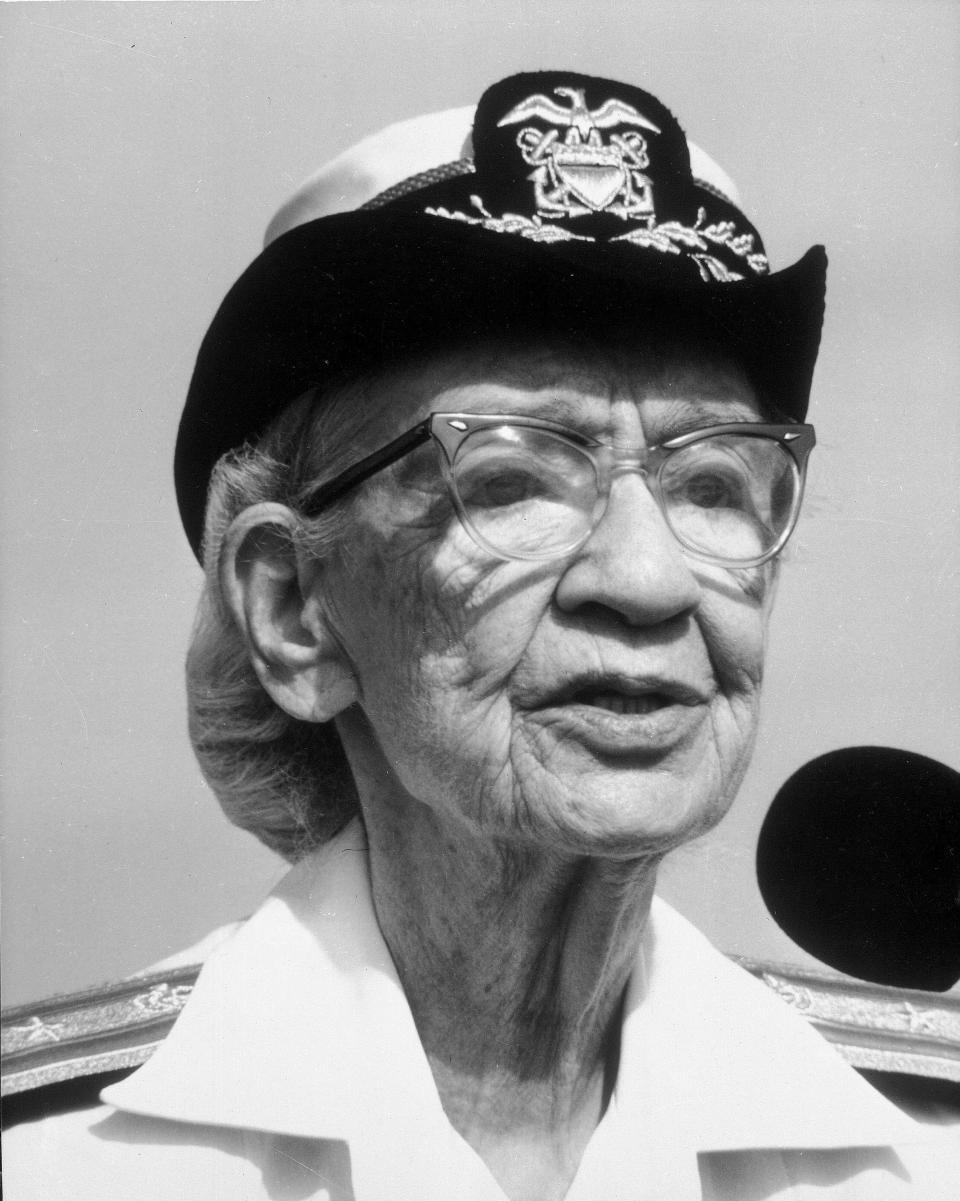 FILE - This 1985 file photo shows 79-year-old Rear Admiral Grace Hopper. On Saturday, Feb. 11, 2017, Yale University said it is renaming Calhoun College after Hooper, a trailblazing computer scientist, a mathematician who earned Yale degrees in the 1930s, invented a pioneering computer programming language and became a Navy rear admiral. (Department of Defense via AP)