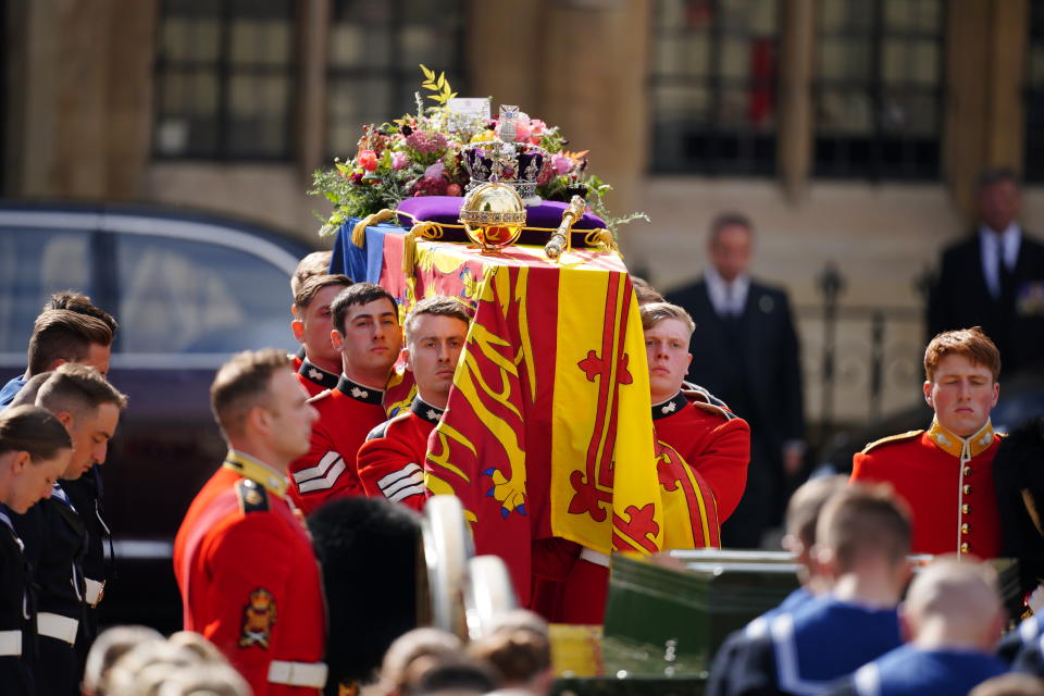 The coffin of Queen Elizabeth II being carried by pallbearers leaving the State Funeral held at Westminster Abbey, London. Picture date: Monday September 19, 2022. (Photo by Peter Byrne/PA Images via Getty Images)