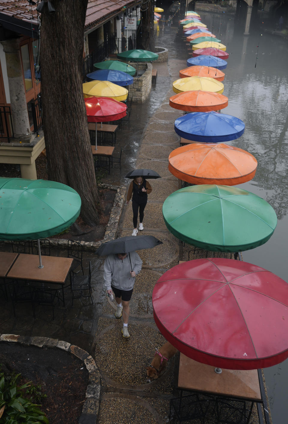 A couple walk their dog along the River Walk during a drizzle, Tuesday, Jan. 23, 2024, in San Antonio. (AP Photo/Eric Gay)