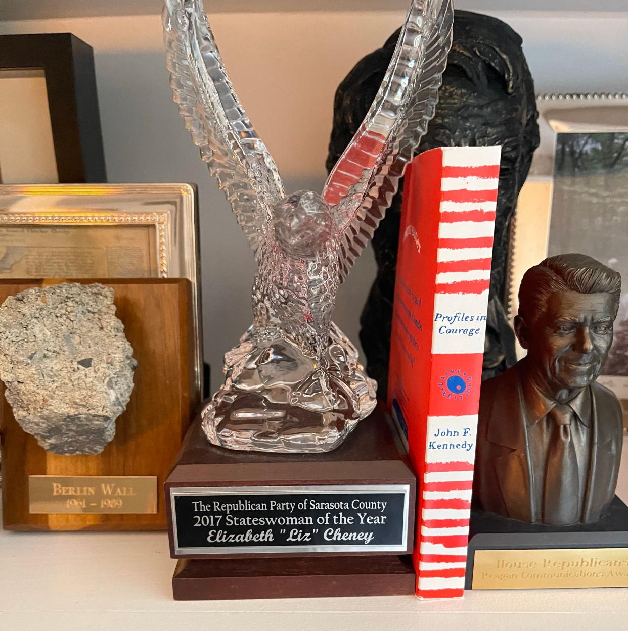 An award from the Sarasota County GOP honoring former Congresswoman Liz Cheney has been on a shelf in her office, despite the local organization denying it ever presented it to her.