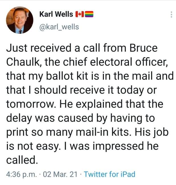 Former CBC broadcaster Karl Wells tweeted his thanks to the province's chief electoral officer, Tuesday, after receiving a call from Bruce Chaulk.