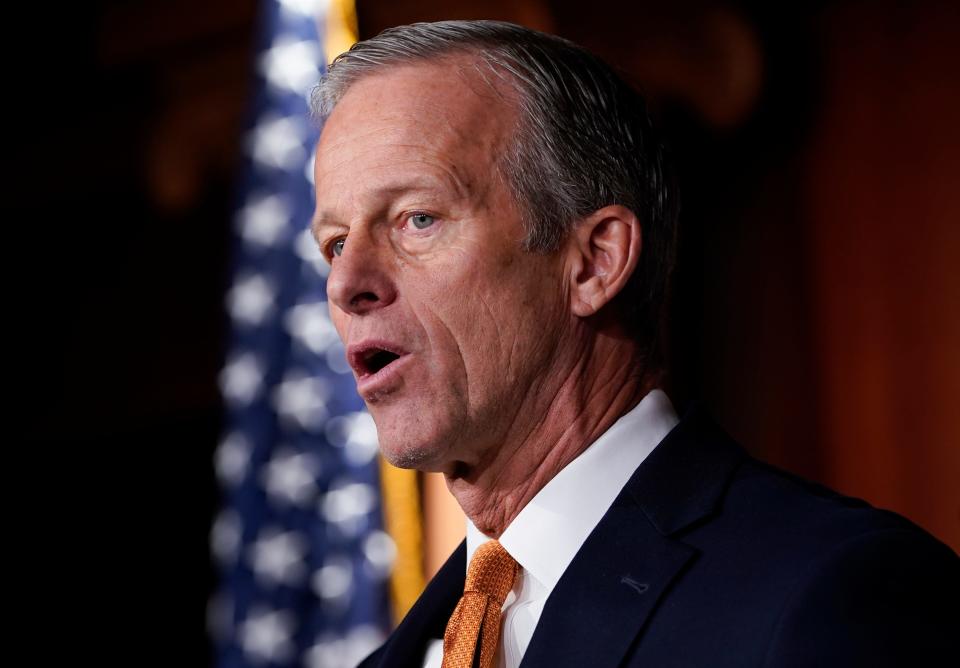 Dec. 7, 2023; Washington, D.C., USA -- Senator John Thune (R-SD) at a press conference on Dec. 7, 2023 in Washington, D.C, regarding issues related to border security and President Joe Biden policy.