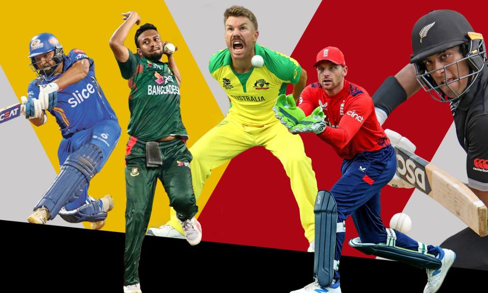 <span>Rohit Sharma, Shakib Al Hasan, David Warner, Jos Buttler and Rachin Ravindra will light up the T20 World Cup.</span><span>Composite: Guardian Picture Desk</span>