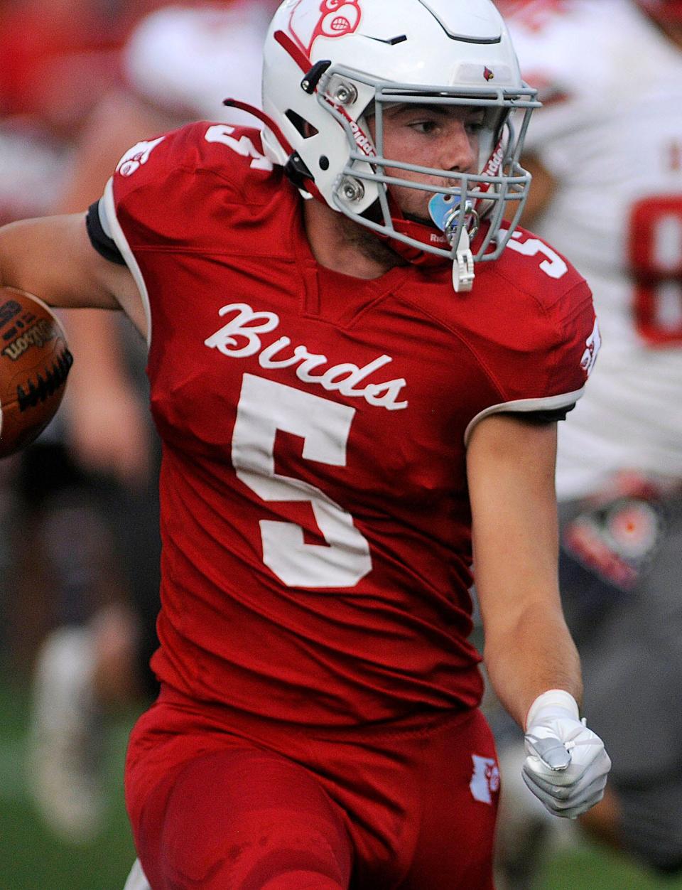 Loudonville High School's Zach Frankford (5) during football action between Utica and Loudonville at Redbird Stadium on Aug. 26.