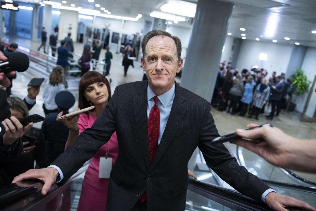 UNITED STATES - JANUARY 28: Sen. Pat Toomey, R-Pa., talks with reporters in the senate subway before the continuation of the impeachment trial of President Donald Trump on Tuesday, January 28, 2020. (Photo By Tom Williams/CQ-Roll Call, Inc via Getty Images)