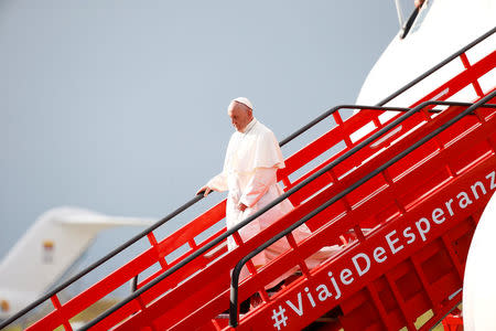 Pope Francis disembarks from the plane after arriving at Bogota, Colombia, September 6, 2017. REUTERS / Stefano Rellandini