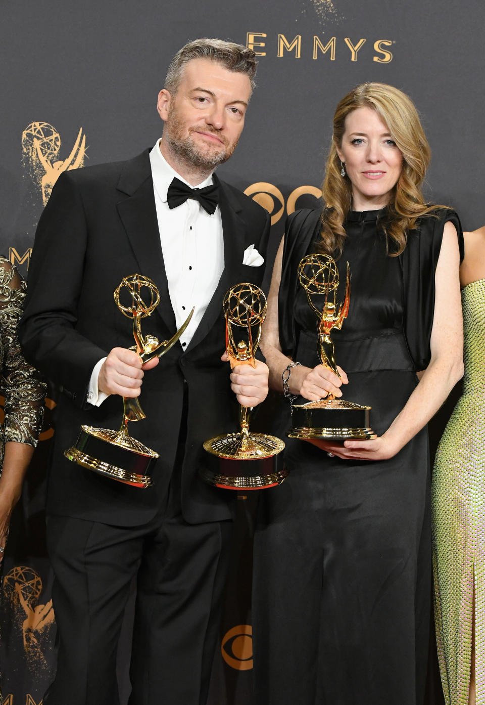 LOS ANGELES, CA - SEPTEMBER 17:  Producers Charlie Brooker (L) and Annabel Jones, winners of the award for Outstanding Television Movie for 'Black Mirror,' poses in the press room during the 69th Annual Primetime Emmy Awards at Microsoft Theater on September 17, 2017 in Los Angeles, California.  (Photo by Steve Granitz/WireImage)