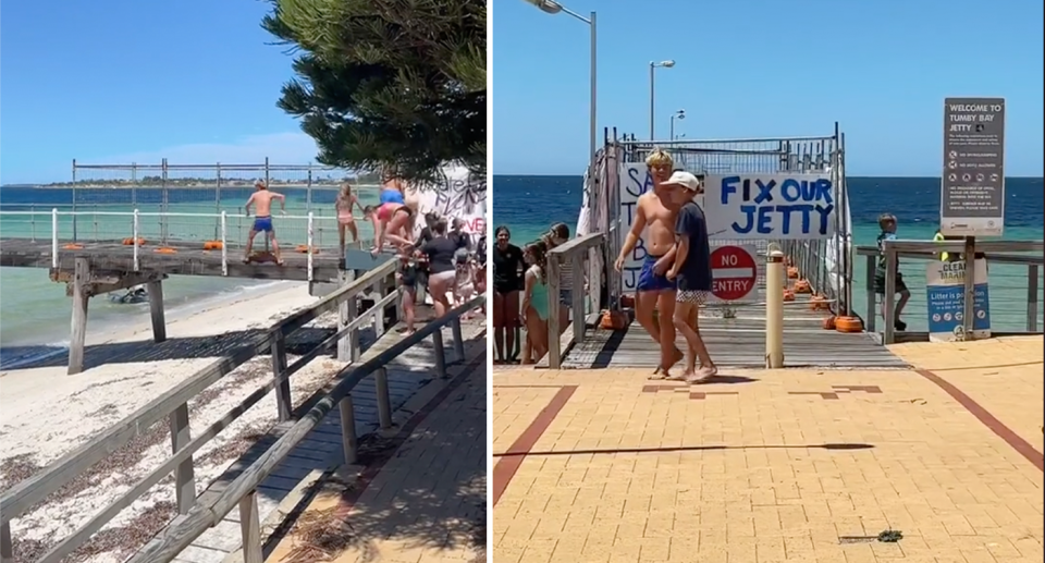 Left, locals climb over barriers at the start of Tumby Bay jetty. Right, a sign reads 'Fix our Jetty'. 