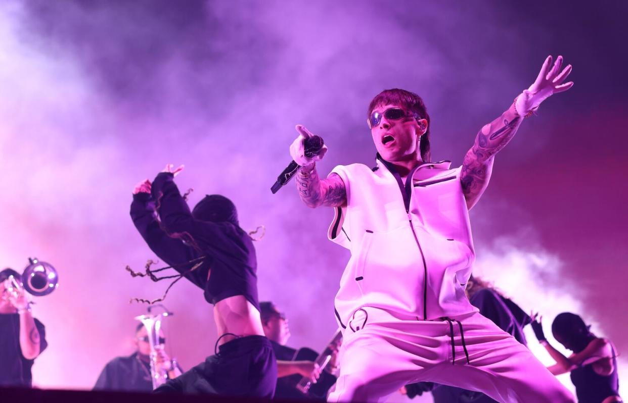 INDO-CA-APRIL 12, 2024: Peso Pluma performs at Coachella on Friday, April 12. 2024. (Christina House / Los Angeles Times)