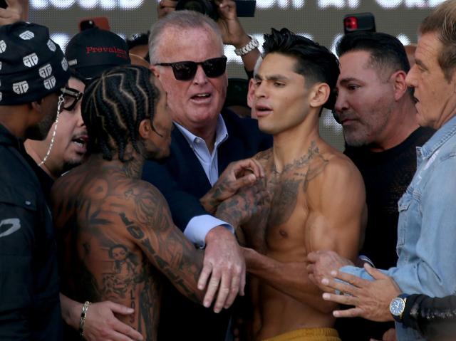 RYAN GARCIA THROWS PUNCH AT GERVONTA DAVIS IN HEATED FACE OFF IN LOS  ANGELES! 