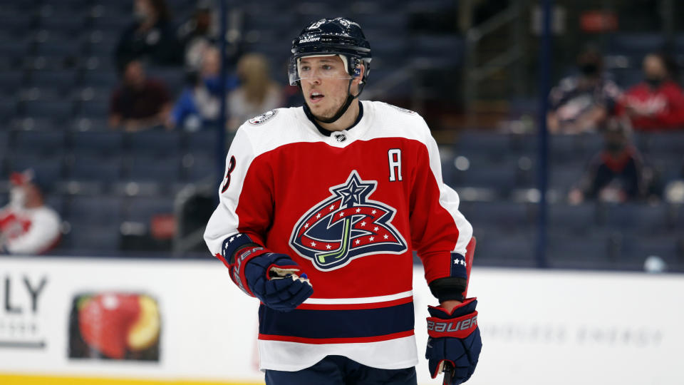 FILE - In this April 6, 2021 file photo, Columbus Blue Jackets forward Cam Atkinson is seen during an NHL hockey game against the Tampa Bay Lightning in Columbus, Ohio. The Philadelphia Flyers traded Jakub Voracek to the Columbus Blue Jackets for Atkinson, Saturday, July 24, in the first major trade on the second day of the NHL draft. (AP Photo/Paul Vernon, File)